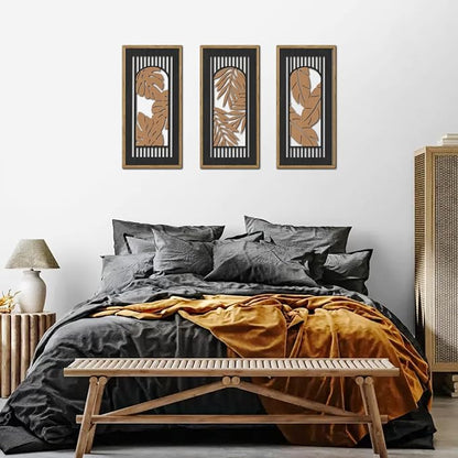 KAIRNE Rustic Tropical Boho Wall Decor,Palm Leaf Wooden Sign for Bathroom,Vintage Leaf Plant Hanging Wood Plaque Bohemian Wall Art Botanical Picture for Living Room Decoration 3 pcs(8x16Inch)