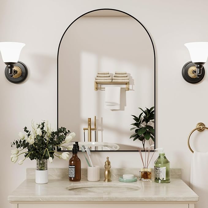 Rowjut Arched Wall Mirror 30"x20"Window Mirrors, Decorative Wall & Iron Framed Bathroom Mirror, Arched Top Wall Mirrors for Entryway. Living Room, Bedroom, Fireplace .（Black