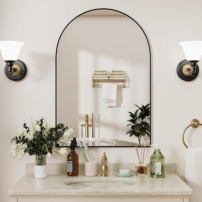 Rowjut Arched Wall Mirror 30"x20"Window Mirrors, Decorative Wall & Iron Framed Bathroom Mirror, Arched Top Wall Mirrors for Entryway. Living Room, Bedroom, Fireplace .（Black
