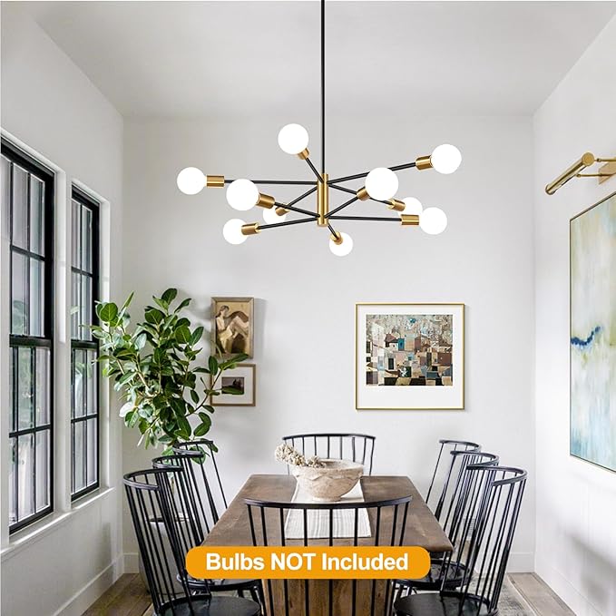 10.9"-52.3" Height Adjustable Modern Chandelier Ceiling Light Fixture, 10-Light Sputnik Chandeliers Brushed Gold and Black Dining Room Light Fixture, Chandeliers for Dining Room (Bulbs Not Included)