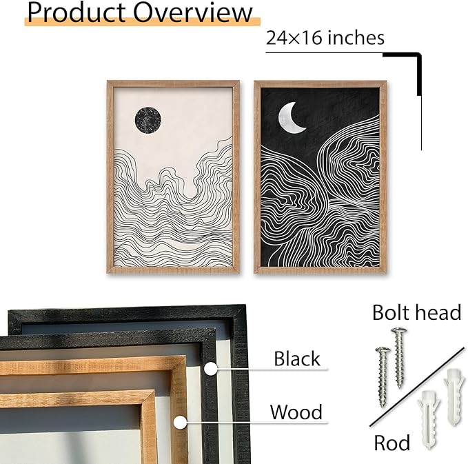SRSZHIYUE Minimalist Black and White Sun Moon Abstract Sign Boho Wall Decor 24x16 Inch Small 2 Pieces Modern Artwork Painting Century for Bedroom Above Bed Living Room Wall Art HangIing(Wood)
