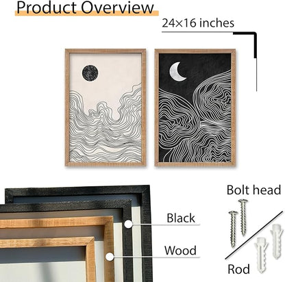 SRSZHIYUE Minimalist Black and White Sun Moon Abstract Sign Boho Wall Decor 24x16 Inch Small 2 Pieces Modern Artwork Painting Century for Bedroom Above Bed Living Room Wall Art HangIing(Wood)