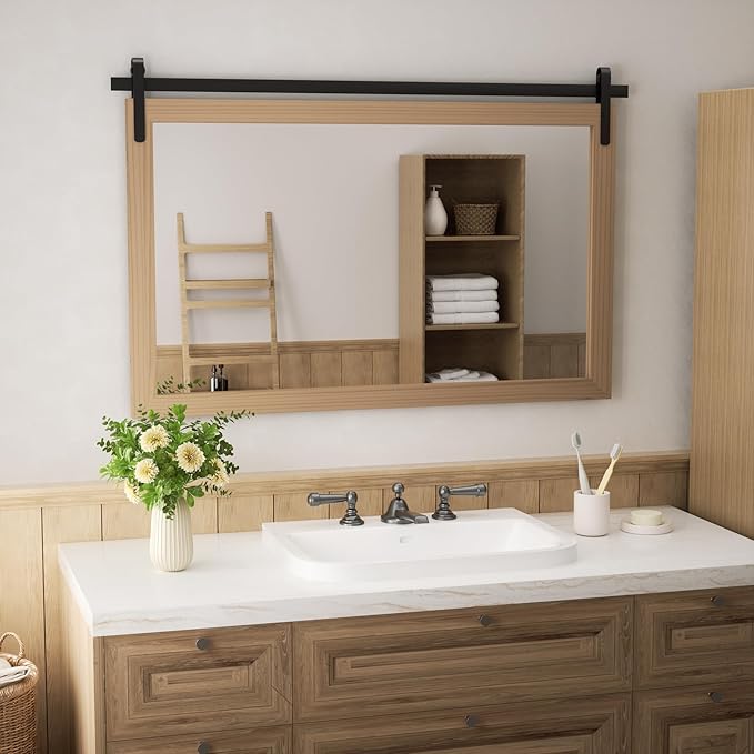 Large Brown Bathroom Mirror, Farmhouse Horizontal Rustic Square Mirror for Wall Wood Framed Vanity Mirrors, Barn Door Style Decor Living Room Entryway Bedroom Mirrors, 40x26INCH