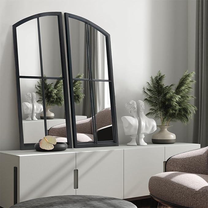 Black Arch Mirror,Window Pane Wall Decor,Farmhouse Wall Mirrors with Iron Frame for Entryway,Hallway,Living Room,Fireplace.2-Pack 26.4"X13.4"