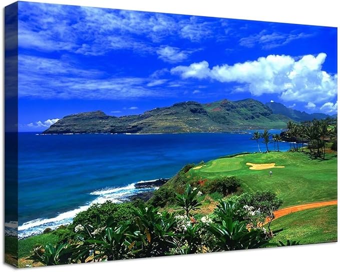 chenchenArt Lagoons Golf Course Wall Art for Living Room Bedroom Bathroom Home Decoration Hawaii Ocean Golf Course Picture Poster Canvas Prints Modern Artwork Framed Ready to Hang(18''H x 24''W)