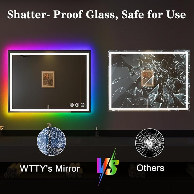 WTTY LED Bathroom Mirror 48"x32" with RGB Backlit and Front Light,Stepless Dimmable LED Mirror for Bathroom,Colored Lighted Bathroom Vanity Mirror,Anti-Fog,Memory Function,Shatter-Proof