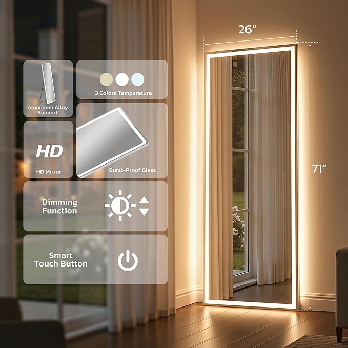 Full Length Mirror with Lights, 71" x 26" LED Floor Mirror, Full Body Dressing Standing Mirrors with Dimming & 3 Color Lighting, Hanging Mounted Mirrors for Living Room Bedroom Cloakroom
