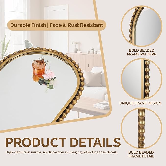20"x53" Long Oval Full Length Wall Mounted Mirror, Antique Gold Beaded Metal Frame Large Decorative Wall Mirror, Vertical or Horizontal Hanging Tall Entryway Bedroom Living Room