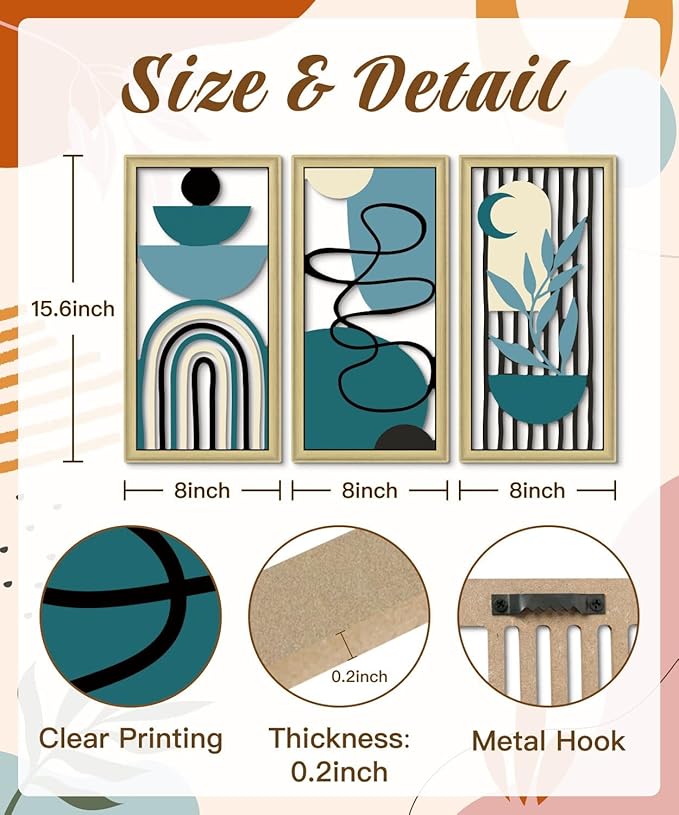 Putuo Decor Boho Wall Art Set of 3 Modern Minimalist Wooden Wall Decor Abstract Geometric Room Decorations Mid Century Artwork for Living Room Bedroom Office in Blue Tones 16.5 x 8.6 Inch