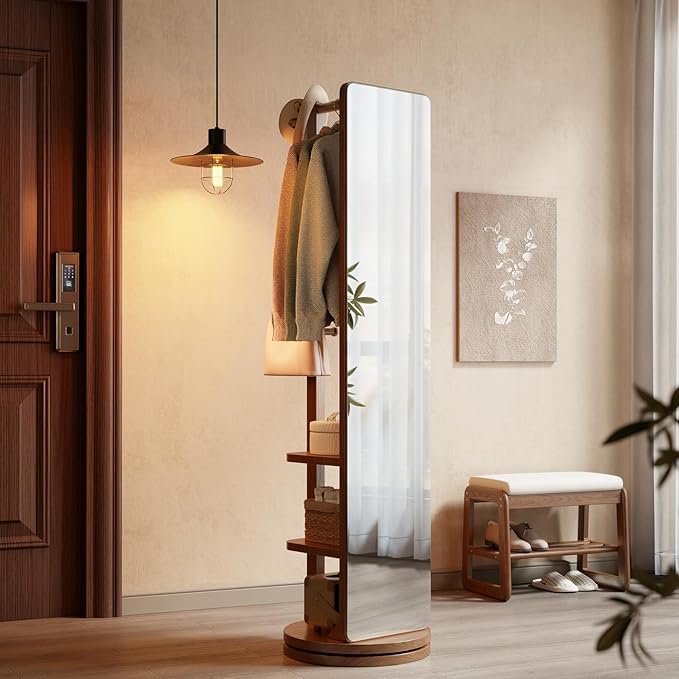WoodsWhisper Full Length Mirror Coat Rack Solid Wood Floor Mirror 70"x16" Full Length Mirror with Stand Long Mirrors for Bedroom,Living Room (Walnut, 70" L x 16" W)