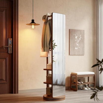WoodsWhisper Full Length Mirror Coat Rack Solid Wood Floor Mirror 70"x16" Full Length Mirror with Stand Long Mirrors for Bedroom,Living Room (Walnut, 70" L x 16" W)