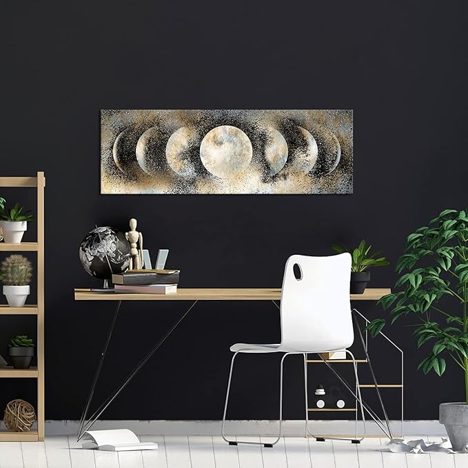 RnnJoile Moon Canvas Wall Art Decor Moon Phase Picture Posters Astrology Space Scene Painting Prints for Modern Home Office Decorations Vintage Framed Giclee Artwork Ready to Hang 16"x 48"