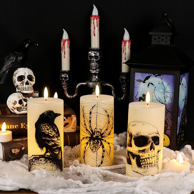 Halloween Flameless Candles Battery Operated with Remote and Timer, Real Wax 3D Wick LED Flickering Pillar Candles Skull Crow Spider Web Decals Dinner Halloween Decor(3 Pack, 3" D x 6" H)