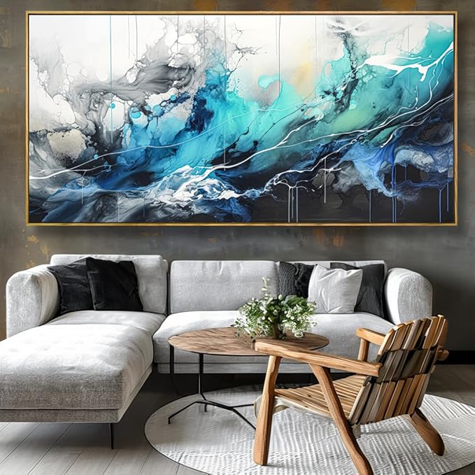 Wall Art Abstract Canvas Painting Teal Blue Modern Artwork for Living Room Bedroom Dining Room Home Office Decor 24"x48" with Framed
