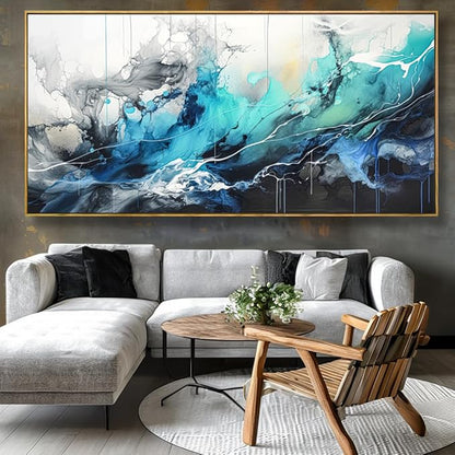Wall Art Abstract Canvas Painting Teal Blue Modern Artwork for Living Room Bedroom Dining Room Home Office Decor 30"x60" with Framed