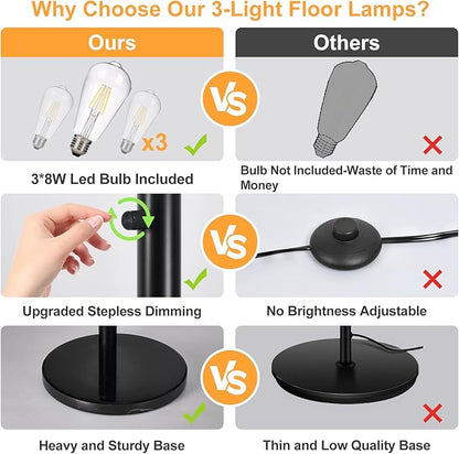 DLLT Modern Floor Lamp for Room: 3-Light Black Tree Dimmable Floor Lamps with Beige Shades for Living Room - Arc Standing Lamp for Bedroom - Tall Floor Lamp for Office Corner 3 LED Bulbs Included