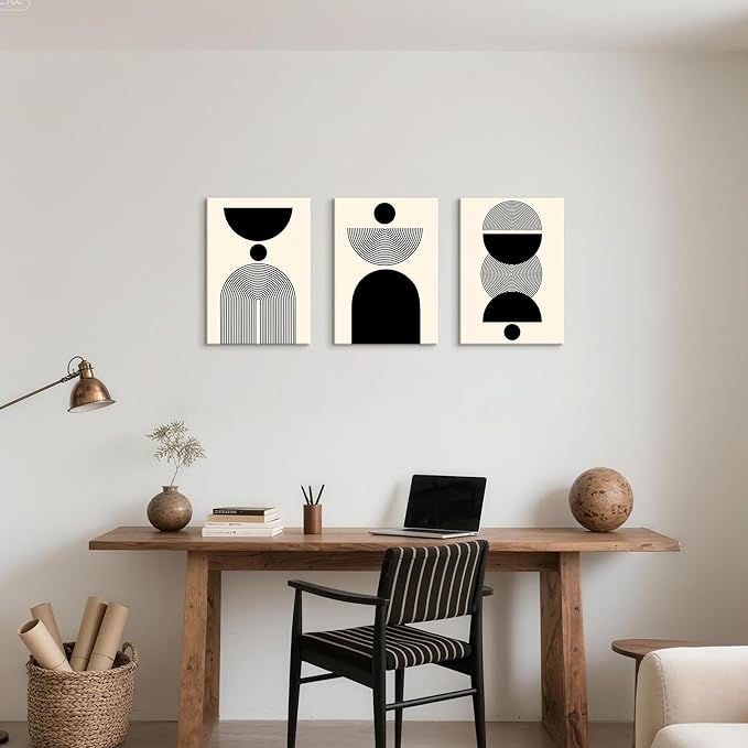 WENGTIAO 3Pcs Boho Abstract Canvas Wall Art,Neutral Minimalist Geometric Line Wall Painting Mid Century Beige Black Art Modern Prints Bohemian Home Decor for Bedroom Living Room Hallway Office 16"X24"x3