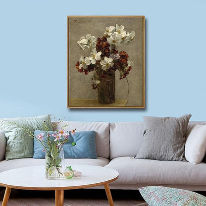 Pyradecor Vintage Wall Art Retro Large Framed Living Room Decor Narcisses Flowers in Vase Canvas Prints Classical Floral Painting for Kitchen Farmhouse Office Decorations AH1111-5060NW