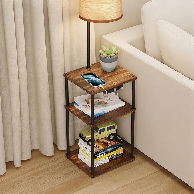 Floor Lamp with Table, Shelves, Side Table with USB Charging Port and Outlet, Modern Bedside Nightstand End Table with Lamp for Living Room, Bedroom, Guest Room, Bulb Included, Wood Grain