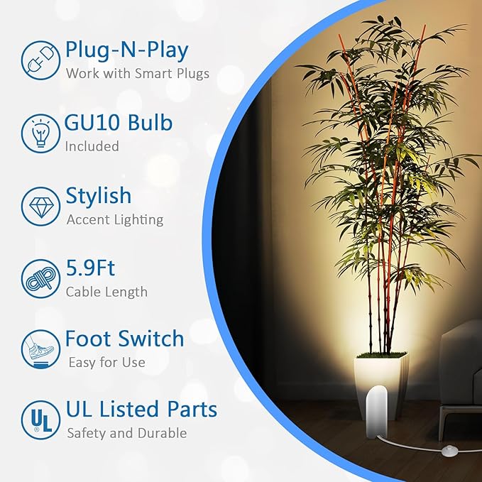 2 Pack Up Lights Indoor, 6W 3000K Warm White Uplighting Indoor Floor Can Light with GU10 Bulb, Indoor Floor Spotlight for Plants, Wall & Artwork, Plug Cord & Foot Switch, White