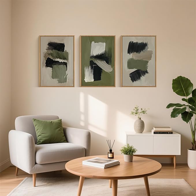 Green Abstract Framed Canvas Wall Art Set, Modern Brush Strokes Wall Decor,Neutral Tone Minimalist Green and Black Color Block Art Print for Living Room,Bedroom,Dining Room, Office-16 x24 x3