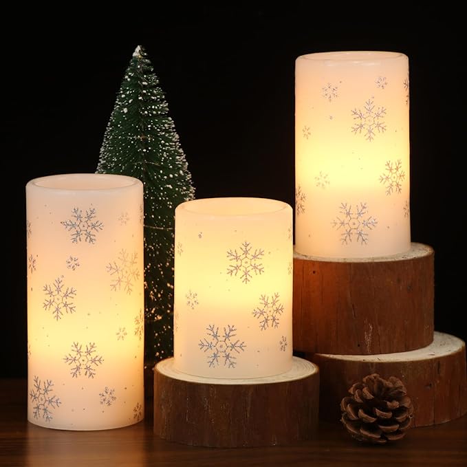 Silver Snowflake Flameless Flickering Candles Battery Operated with 6H Timer, 3 Pack Real Wax Warm Light LED Pillar Candles Dinner Tabletop Holiday Centerpiece Decor 3" x 6"