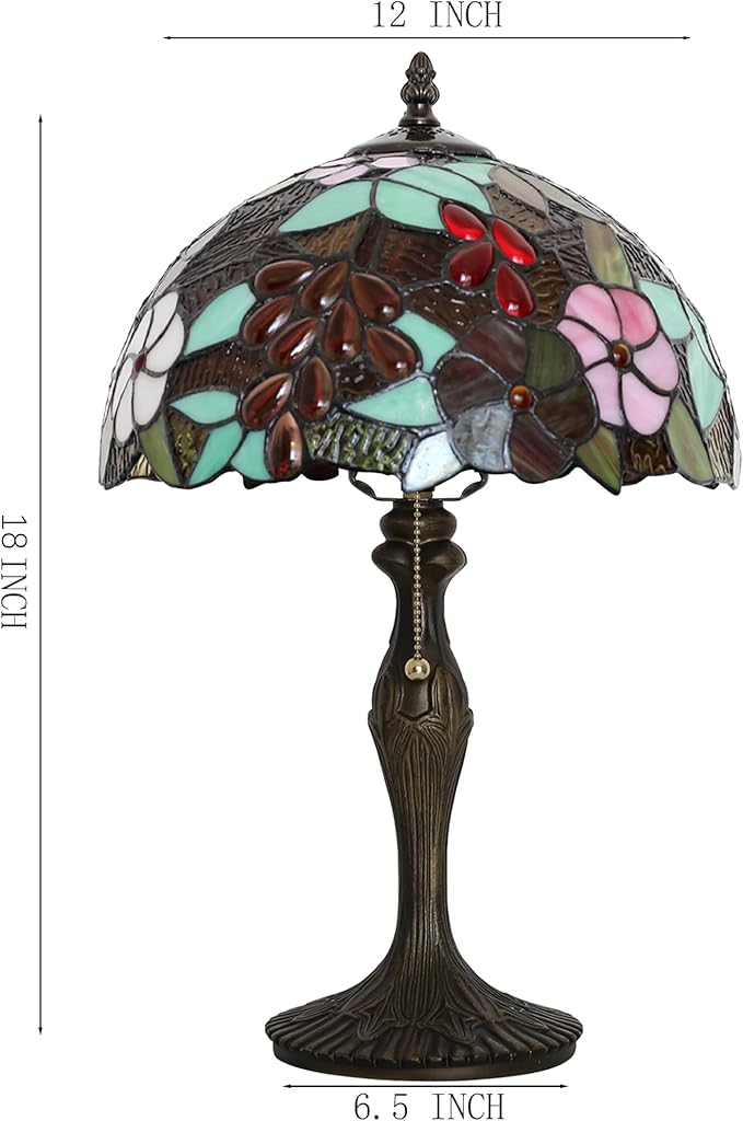 Tiffany Lamp Stained Glass Table Lamp 12 x 19” Grape Style Decorative Lamp Bedside Reading Light for Desk Living Room Bedroom Office Study Light Home Decor Gift
