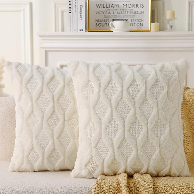 16" x 16" Decorative Throw Pillow with Inserts, Set of 2 Soft Faux Fur Throw Pillows, Square Boho Pillow for Couch, Bed, Sofa Decor, Beige
