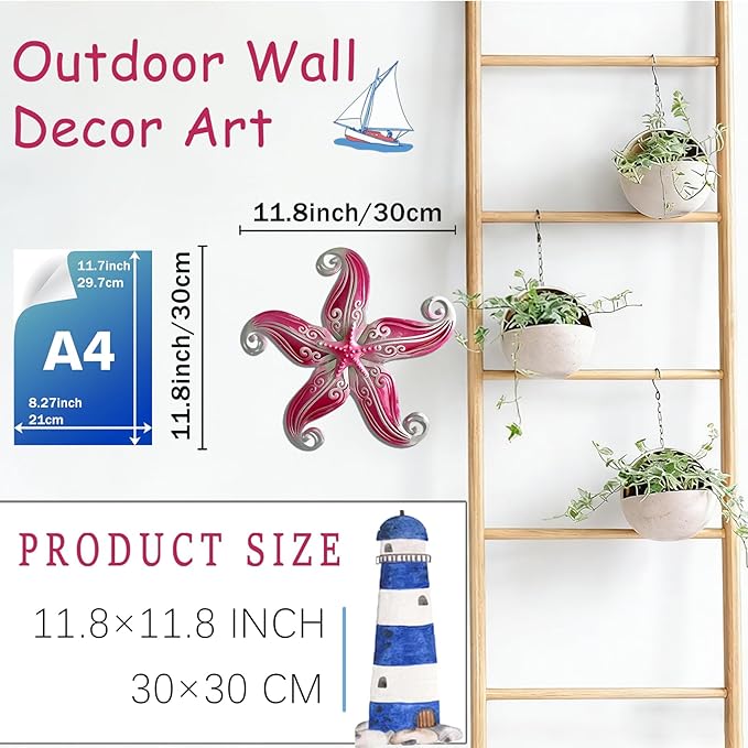 POXOHO Starfish Outdoor Wall Decor Art, 12" Hanging Metal & Glass Sculpturefor Indoor Outdoor, Starfish Yard Patio Fence Garden Decorations(Pink)