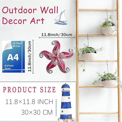 POXOHO Starfish Outdoor Wall Decor Art, 12" Hanging Metal & Glass Sculpturefor Indoor Outdoor, Starfish Yard Patio Fence Garden Decorations(Pink)