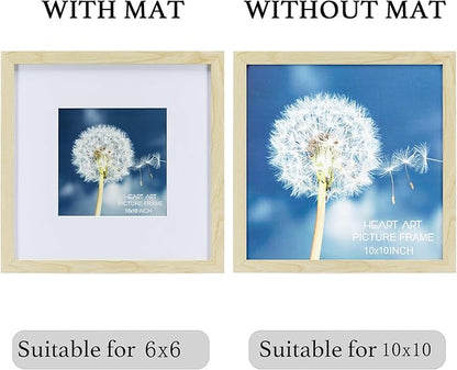HEART ART 10x10 Natural Wood Picture Frame Set of 9,Display Pictures 6x6 with Mat or 10 x 10 without Mat,Multi Collage Gallery Square Photo Frames for Wall