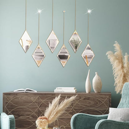 yshengood Diamond Wall Mirror Set of 6 Pcs, Gold Wall Decor Mirrors Small Glass Decor Wall Mirrors for Living Room and Bedroom Decoration
