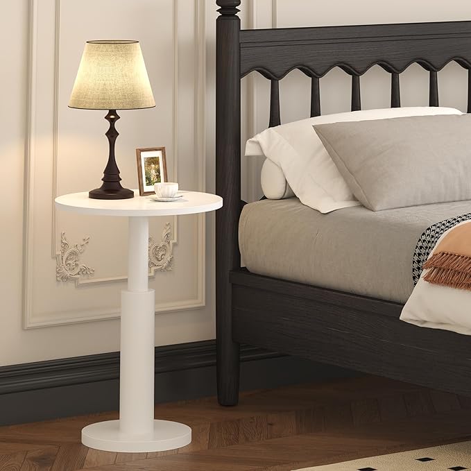 LAATOOREE Round Side Table, Accent Drink Coffee Table, 15" Pedestal End Table, Spacious Top, Thick Solid Wood Legs, for Small Spaces, Living Room, Sofa Couch, Bedroom (White)