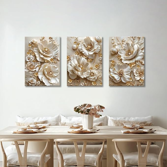 3 Pcs Modern Beige Gold Peony Floral Canvas Wall Art, Neutral Elegant 3d Beige Flowers Wall Painting White Blooming Floral Pictures Posters Art Print Home Decor for Bedroom Living Room Office 16x24x3