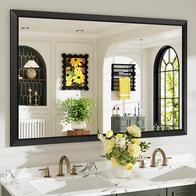 55x36 Inch Black Bathroom Mirror for Wall, Beveled Framed Rectangle Bathroom Vanity Mirrors for Over Sink, Bedroom, Living Room, Entryway, Anti-Rust, HD Tempered Glass, Horizontally/Vertically