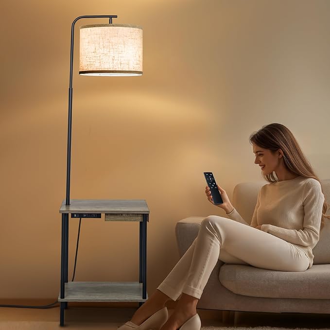 EOEYYOYB Floor Lamp with Table & Drawers, End Table Lamp with USB Charging Portt Power Outlet and Shelves, Side Table Reading Light with 3 Color Temperature Led Bulb Included for Living Room, Gray