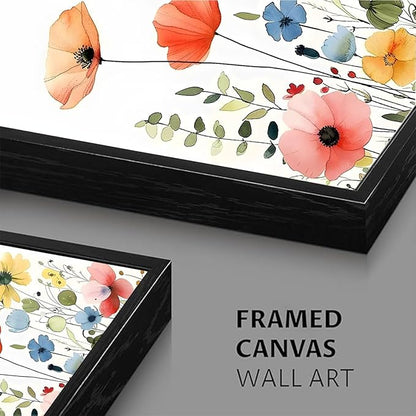 KISSFOX Framed Colorful Wildflower Canvas Wall Art Set Of 3 Flowers Pictures Prints Flowers Printing Floral Watercolors Flower wall Decor Living Room Girls Bedroom Bathroom