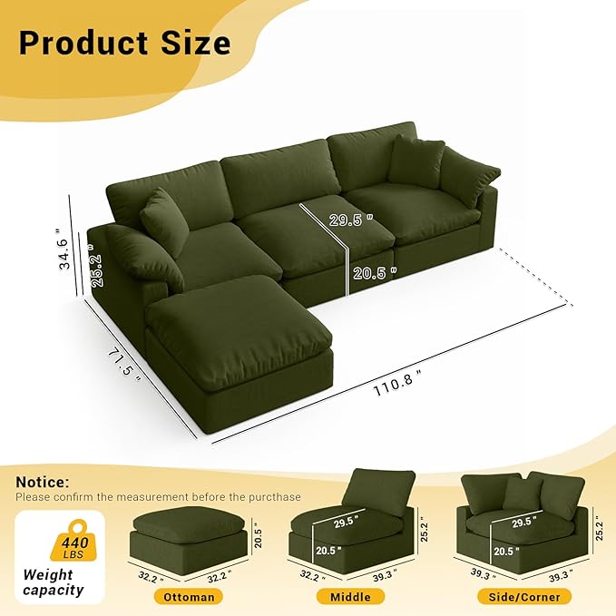 Cloud Modular Couch for Living Room,L Shape Linen Blend Sofas,Modern Deep Seat Cloud Sofas,Convertible Comfort Down Filled Sectional Couches,Removable Washable Cushion Covers,Green