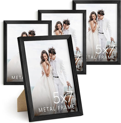 HAUS AND HUES 5x7 Black Metal Picture Frames - Black 5X7 Photo Frames - Features Premium Aluminum, Vertical Hanging, Easel Back for Tabletop, Home, Office (5x7 in, Black, Set of 4)