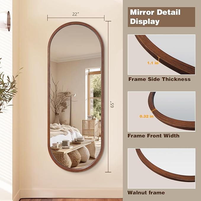 Niccy 66"×24" Wood Full Length Mirror, HD Long Walnut Oval Wall-Mounted Mirrors, Large Body Hanging Mirrors for Living Room, Explosion-Proof Wooden Frame Mirrors for Entryway, Bedroom, Walnut