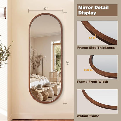 Niccy 66"×24" Wood Full Length Mirror, HD Long Walnut Oval Wall-Mounted Mirrors, Large Body Hanging Mirrors for Living Room, Explosion-Proof Wooden Frame Mirrors for Entryway, Bedroom, Walnut
