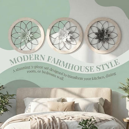 AIM & GGKK 3 Piece Round Farmhouse Wall Decor Set with Interchangeable Metal Flower, 12 Inch Rustic Wall Art for Living Room, Kitchen, Dining Room, Bedroom Modern Farmhouse Style
