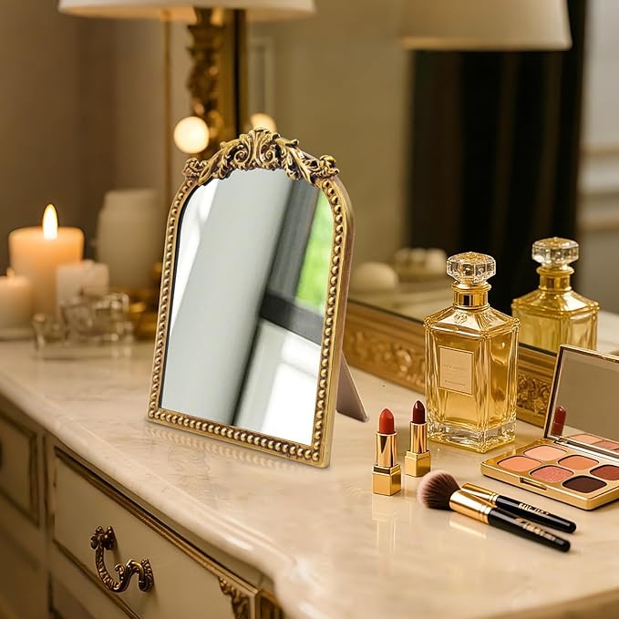 Vintage Makeup Mirror with Stand : 12.1"x9.8" Arched Antique Gold Vanity Mirror for Dresser - Baroque Standing Tabletop Ornate Decor for Desk/Living Room/Bedroom