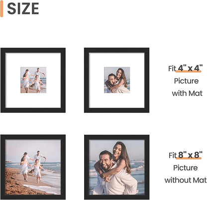 upsimples 8x8 Picture Frame Set of 10, Display Pictures 4x4 with Mat or 8x8 Without, Multi Photo Frames Collage for Wall or Tabletop Display, Black
