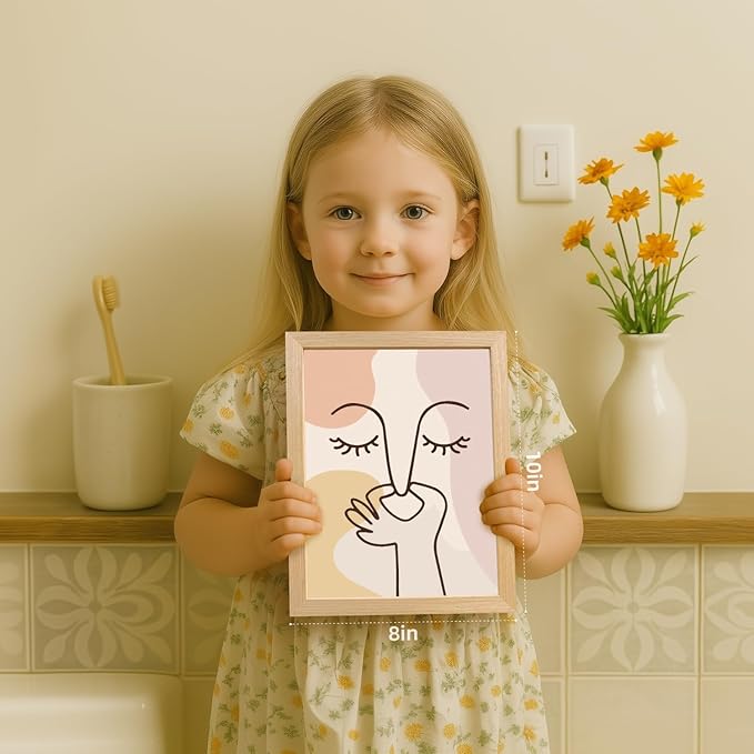 Cyebmo Boho Funny Bathroom Wall Art, Abstract Minimalist Face Line Art Wall Decor, Neutral Aesthetic Art Print, Modern Beige Poster Painting for Bedroom Living Room Wood Framed 8x10 Inch