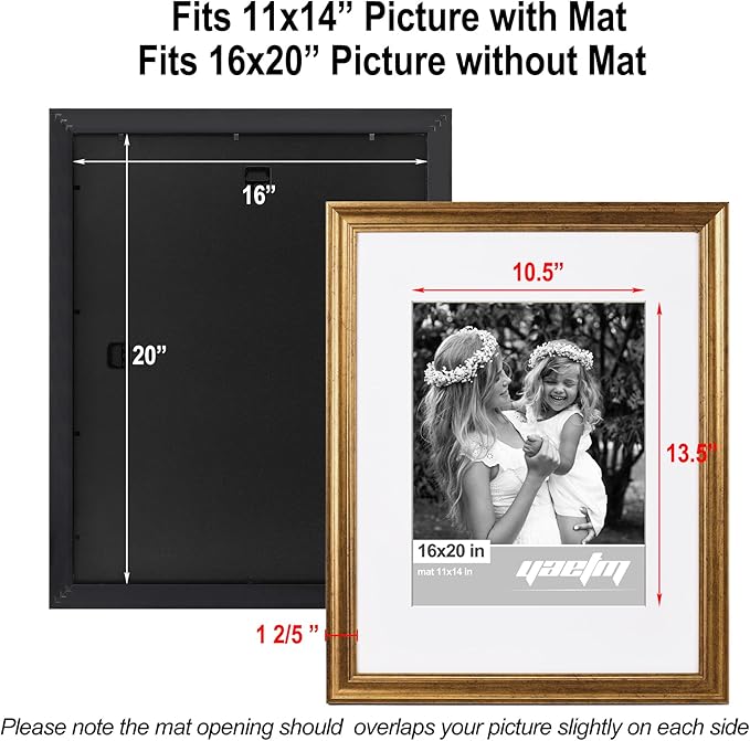 Yaetm 16x20 Gold Picture Frame Matted to 11x14 Set of 4, 1.4" Wide Molding & Rustic Golden 16x20 Frame for Wall Gallery, Home and Office, Wall Mount, 4 Pack