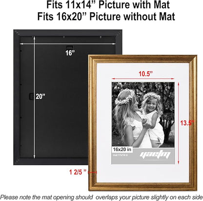 Yaetm 16x20 Picture Frame Matted to 11x14 Set of 2, 1.4” Wide Molding & Rustic Gold Poster Frames 16 x 20 for Wall Gallery, Home and Office, Wall Mount (2 pack, Gold)