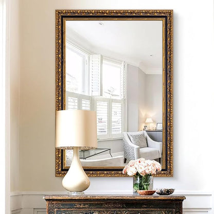 Chende Vintage Gold Mirror, 40''x28'' Large Living Room Mirror with Black Gold Wood Frame, Retro Ornate Mirrors Wall Decor for Dining Room, Entryway, Fireplace, Bathroom