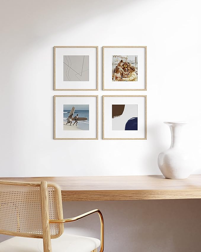 HAUS AND HUES Beige Oak Wood 12x12 Picture Frames - Set of 4, Square Frames with Mat, Elegant Frames for Wall Display (12x12 in, Beige, Set of 4)