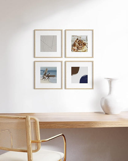 HAUS AND HUES Beige Oak Wood 12x12 Picture Frames - Set of 4, Square Frames with Mat, Elegant Frames for Wall Display (12x12 in, Beige, Set of 4)